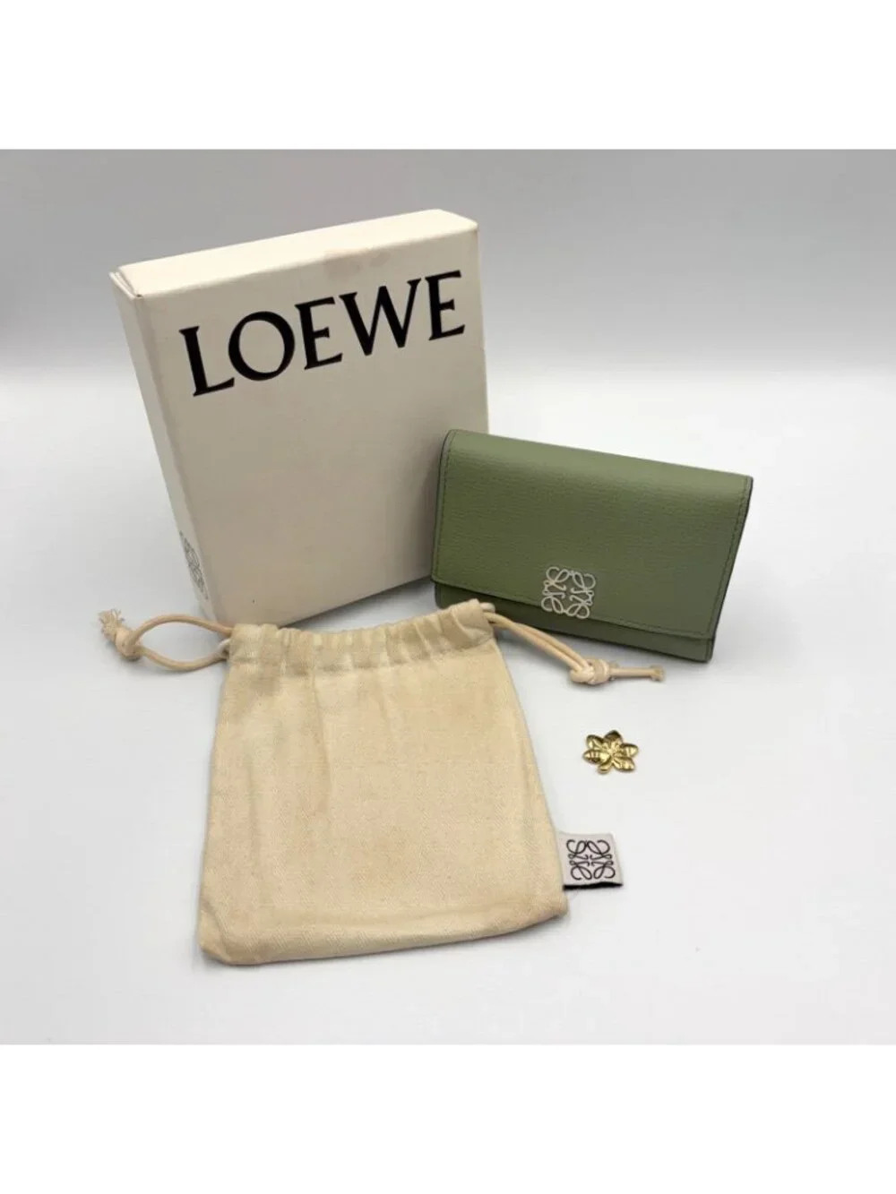 Loewe Wallet Khaki Green Anagram Trifold Silver